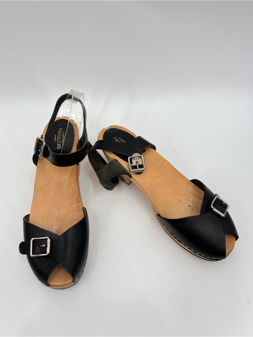 Swedish Hasbeens ankle straps sandals clogs open toe black leather 11